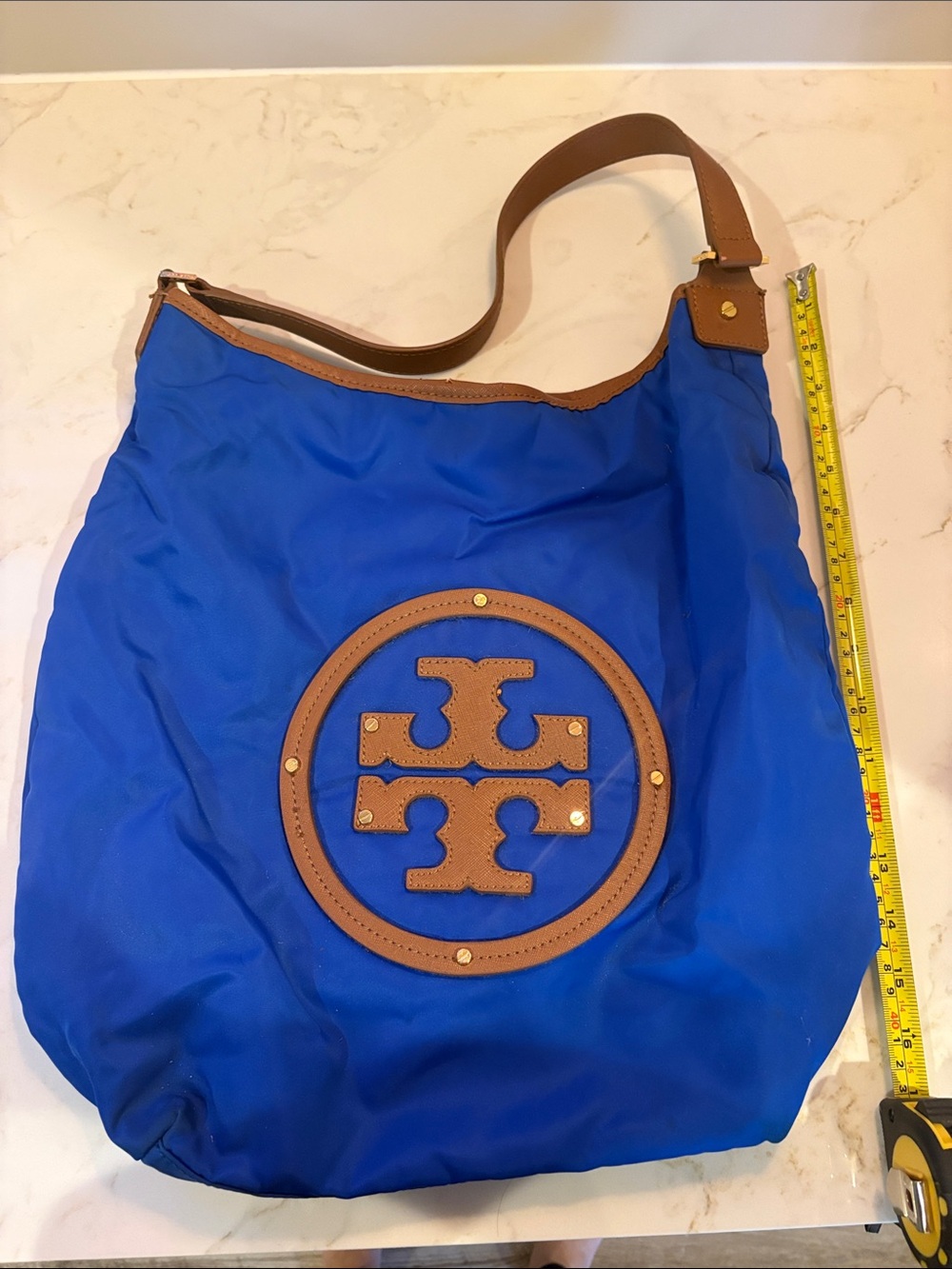 Tory Burch Cobalt Blue Nylon Shoulder Bag with Brown Leather Trim